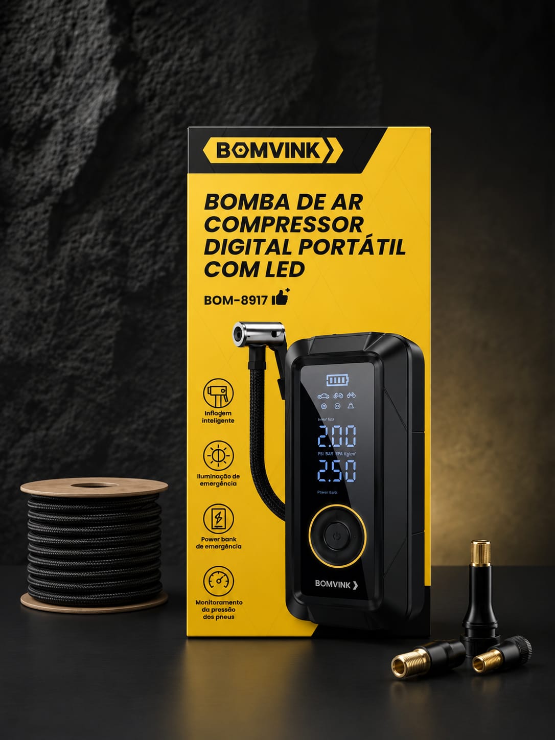 BOMBA DE AR COMPRESSOR DIGITAL PORTATIL COM LED BOM-8917