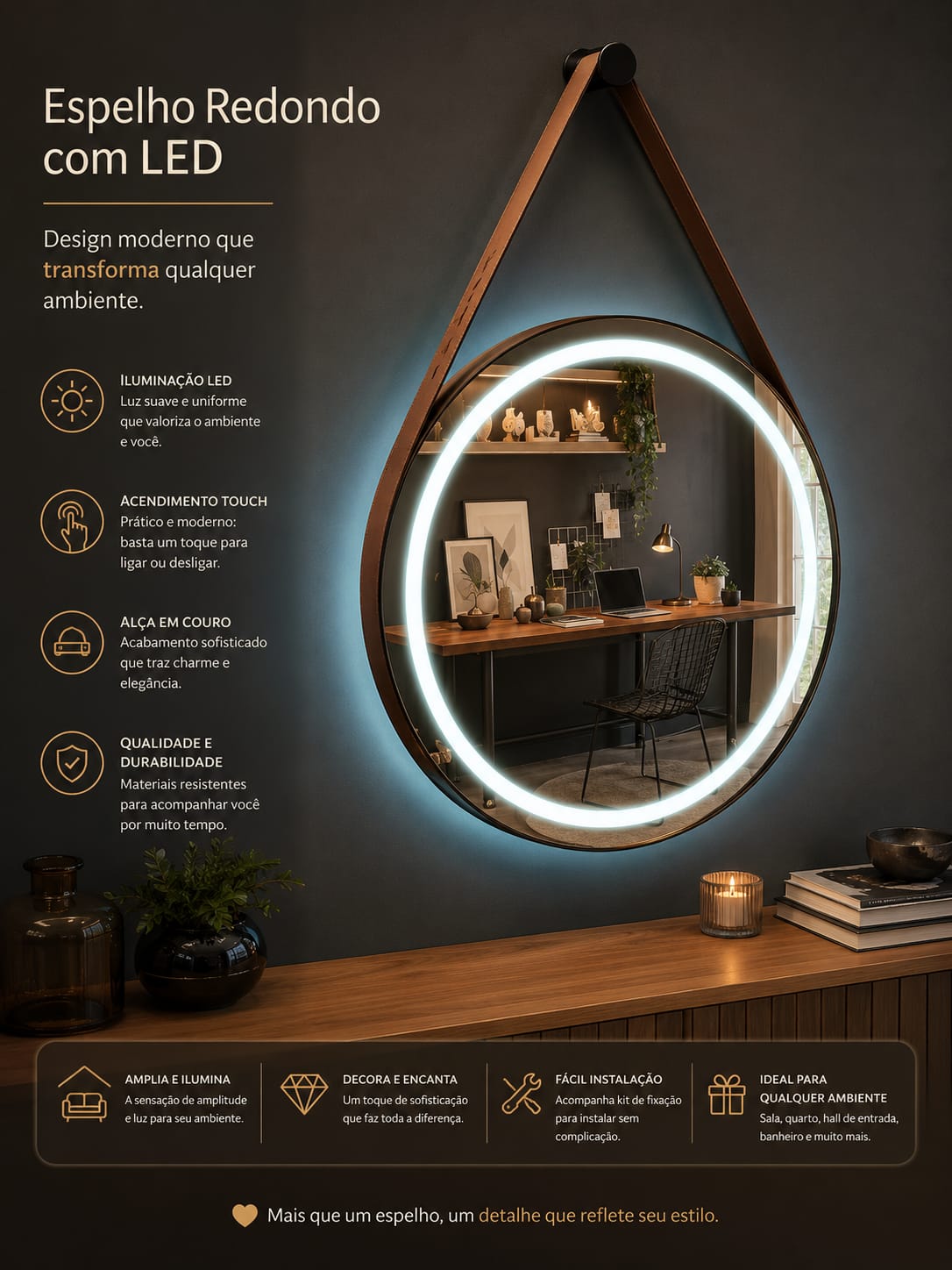 ESPELHO DECORATIVO C/ LED 45 CM
