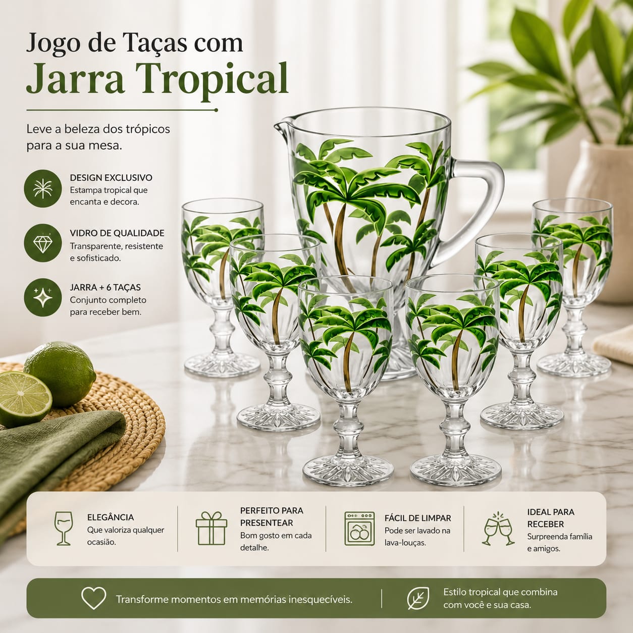 JOGO DE JARRA C/ 06 TAÇAS PALM TREE