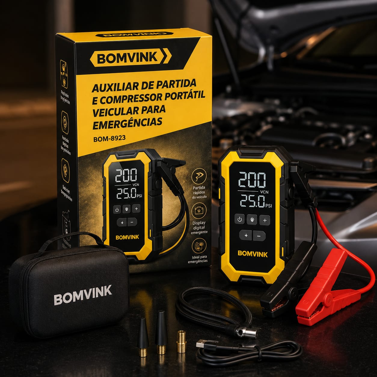 AUXILIAR DE PARTIDA E COMPRESSOR PORTATIL VEICULAR BOM-8923