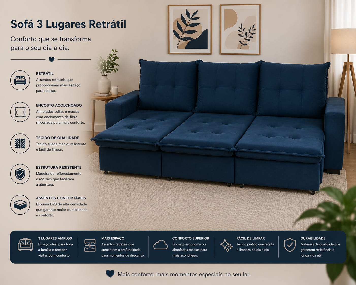 SOFA SUEDE RETRATIL 03 MODULOS
